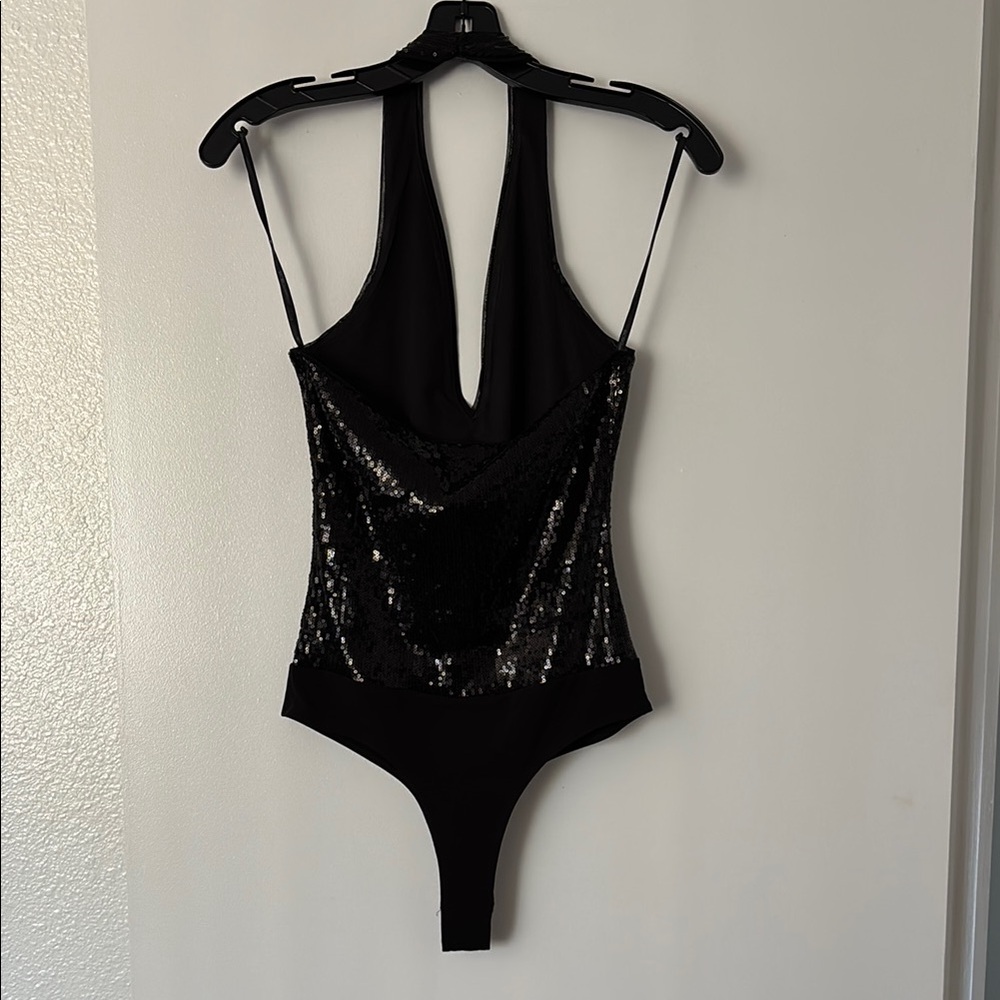 BCBG Black Sequin Deep V Bodysuit - Picture 2 of 3